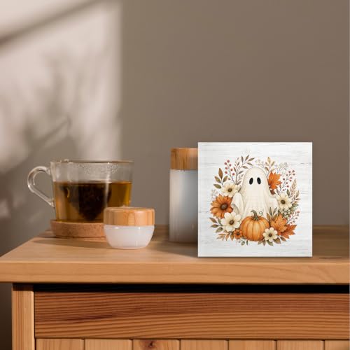 Halloween Fall Ghost Pumpkin Floral Wood Box Sign Desk Decor 5X5