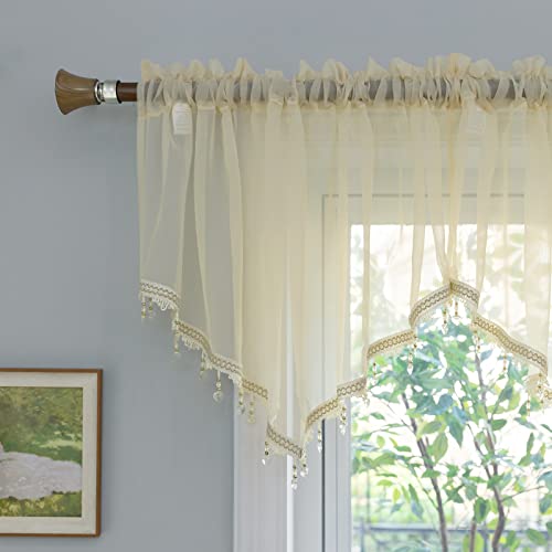 PearAge Beaded Sheer Valance Curtains for Living Room,Rod Pocket Farmhouse Window Valance, Bead Trim Tassel Voile Sheer Curtain Valance for Bedroom Bathroom Cafe 51x24 Inches (Beige) 1PC - color: Beige