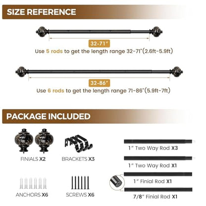 KAMANINA 1 Inch Curtain Rods for Windows 48 to 84 Inch, Black Drapery Rods - color: Black, size: 48-84"