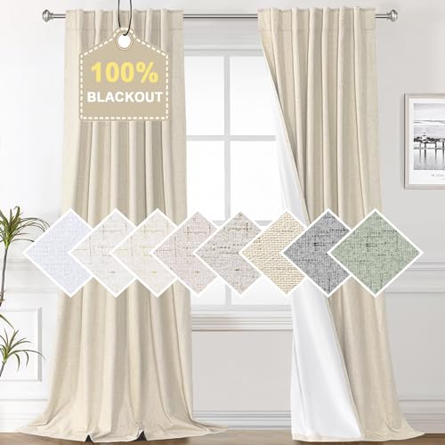 H.VERSAILTEX Faux Linen 100% Blackout Curtains 84 Inch Long 2 Panels, Back Tab/Rod Pocket Blackout Curtains No Light, Black Out Curtains & Drapes for Bedroom, 52 inches Wide Each Panel, Bleached Sand - color: Bleached Sand, size: 52"W x 84"L (Pack of 2)
