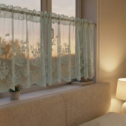Molaxhome Kitchen Curtains Valance Blue Lace Floral Semi Sheer Curtain - color: Blue-green, size: 51"W x 16"L (Pack of 1)