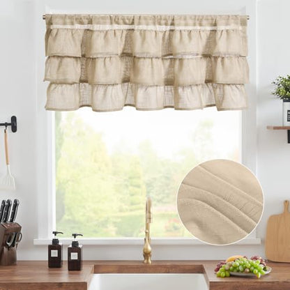 jinchan Ruffled Window Valance Curtain, 18 Inch, 1 Panel, Warm Beige - color: 3-tier Ruffle | Warm Beige, size: 50"W x 18"L (Pack of 1)