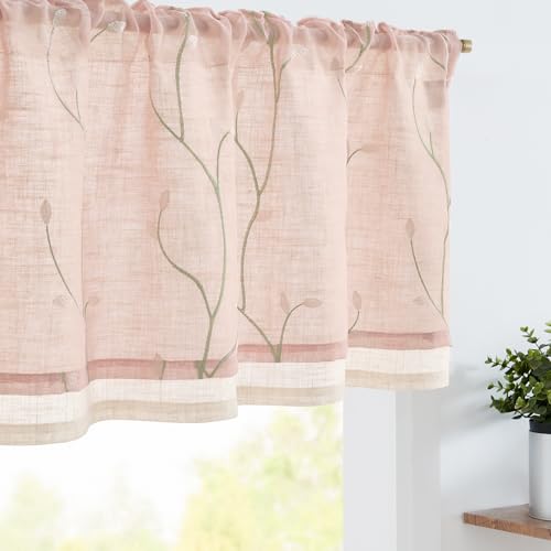 jinchan Linen Kitchen Valance Sheer Leaf Embroidered 18 Inch 1 Panel Pink - color: Leaf | Pink