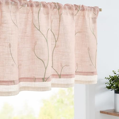 jinchan Linen Kitchen Valance Sheer Leaf Embroidered 18 Inch 1 Panel Pink - color: Leaf | Pink