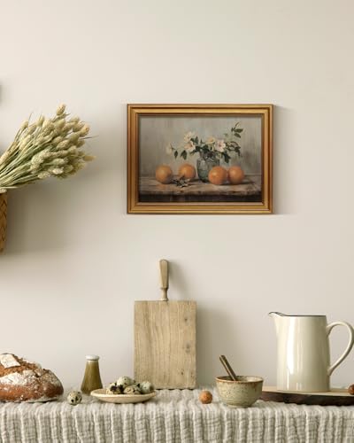 VIYYIEA Gold Framed Wall Art, Oranges Still Life Print Kitchen Wall Art - color: White Roses Vase, size: 16"L x 12"W