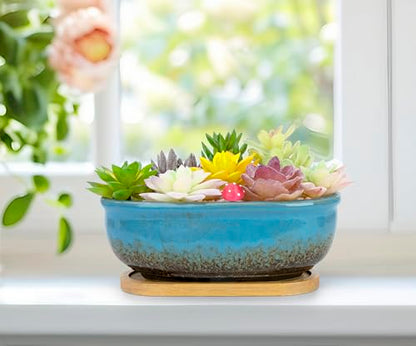 Succulent Pots, 1 Rectangle Planter + 1 Ceramic Bonsai Pots with Drain Tray - color: Blue