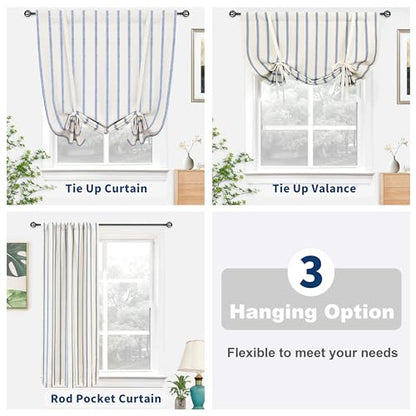 DriftAway Farmhouse Double Layer Linen Blackout Tie Up Curtains Thermal Insulated Vertical Striped Fully Lined Balloon Roman Shade Bathroom Window Adjustable Rod Pocket 39 Inch by 55 Inch Navy - color: Navy Blue, size: 39"W x 55"L (Pack of 1)