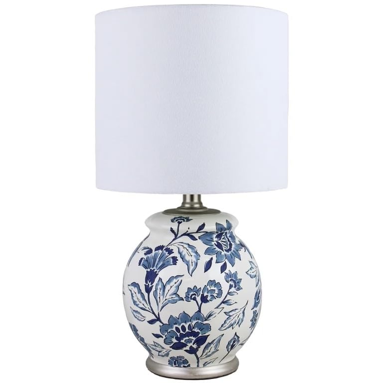 Floral Ceramic Table Lamp, Exclusive Blue and White Floral Ceramic Base Design, Includes Clean White lamp Shade