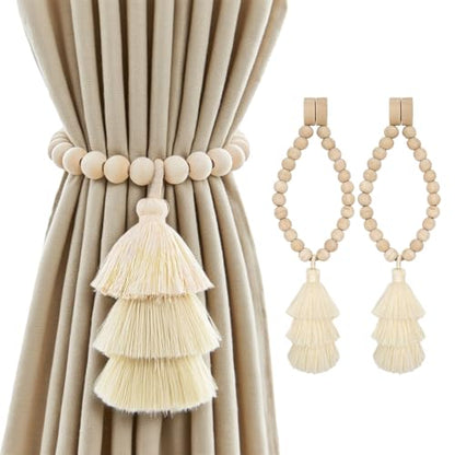 Magnetic Curtain Tiebacks with Wood Beads, Boho Rope Drapery Holdbacks with Triple Tassels, No Drill Curtain Holders for Farmhouse Bedroom, Living Room or Nursery, 2 Pack, Beige - color: Beige