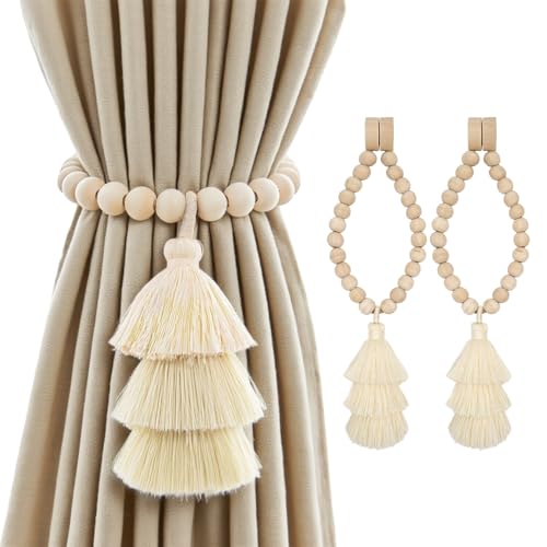 Magnetic Curtain Tiebacks with Wood Beads, Boho Rope Drapery Holdbacks with Triple Tassels, No Drill Curtain Holders for Farmhouse Bedroom, Living Room or Nursery, 2 Pack, Beige - color: Beige