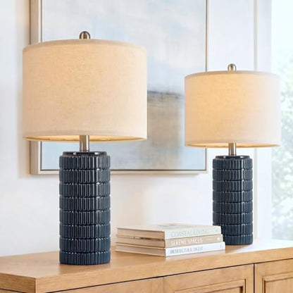 PoKat 23" Blue Table Lamps, Farmhouse Bedside Lamps for Bedroom Set of 2, Ceramic End Table Lamps for Living Room, Traditional Nightstand Desk Lamps, Medium - color: Dark Blue