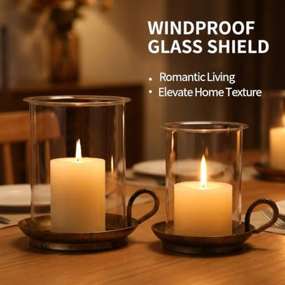 Vintage Cast Iron Hurricane Glass Candle Holder for Pillar Candles Set of 2