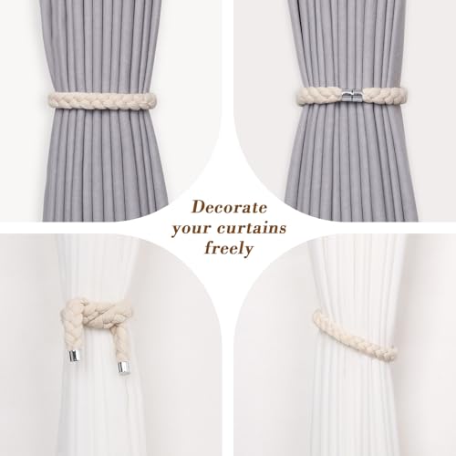 NICEEC 2 Pack Natural Cotton Rope Magnetic Curtain Tiebacks Elegant Twisted Braid Style Drape Tie Backs Soft Hand-Woven Rope Curtain Holdbacks for Home & Office Window Draperies (Beige-01) - color: Beige-01, size: 2 Pack