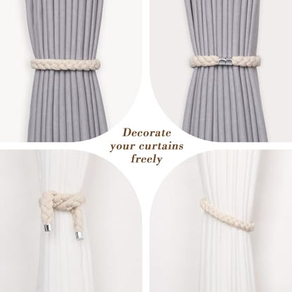 NICEEC 2 Pack Natural Cotton Rope Magnetic Curtain Tiebacks Elegant Twisted Braid Style Drape Tie Backs Soft Hand-Woven Rope Curtain Holdbacks for Home & Office Window Draperies (Beige-01) - color: Beige-01, size: 2 Pack