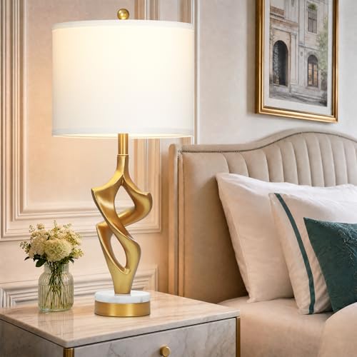 Ruzectt 29" Tall Gold Table Lamp for Living Room, 3 Color Temperatures Bedside Lamp for Bedroom Nightstand, Modern Sculptural Resin Lamp with Marble and Metal Base (1 LED Bulb Included) - color: White & Gold (1 Pack)