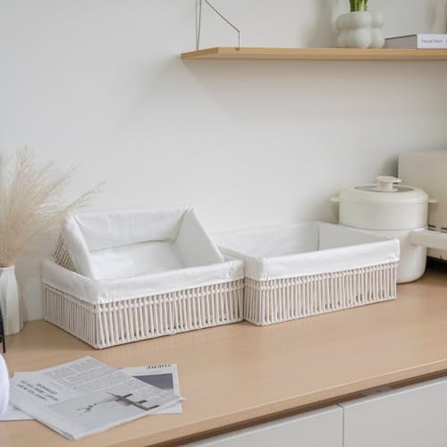 White Cotton Rope Woven Basket Storage Set of 3 for Organizing - color: Off-white