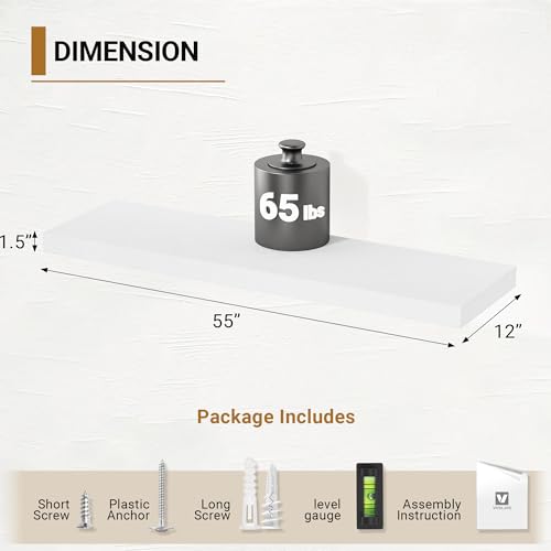 Vivelove 55 Inch White Floating Shelves 12 Deep, 55 X 12 Inch, Set of 2 - color: White, size: 55”wx12”dx1.5”h