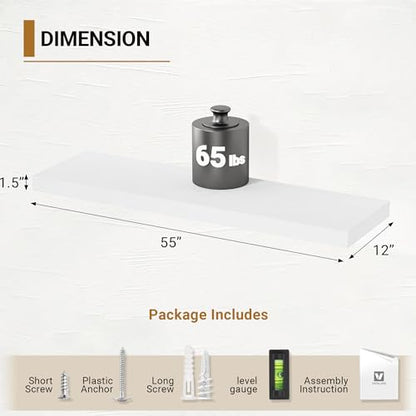 Vivelove 55 Inch White Floating Shelves 12 Deep, 55 X 12 Inch, Set of 2 - color: White, size: 55”wx12”dx1.5”h