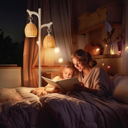 Scenekoy 68" Tall Floor Lamp with Wicker Drum Shade, Foot Switch Dimming - color: Washed White