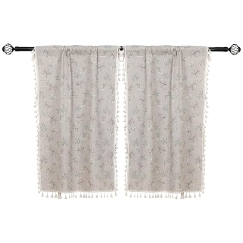 2 Panels Linen Tassels Curtains Farmhouse Little Grass and Flower Vintage Semi Sheer Window Curtain for Kitchen Bathroom, 26x54in Tiers Curtain - color: Little Grass & Flower, size: 26"W x 54"L (Pack of 2)