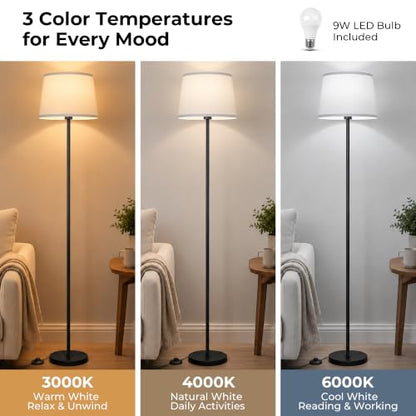 JUNNAI 61.8" Floor Lamp for Living Room, Modern Standing Lamp for Bedroom - color: Black+White Shade
