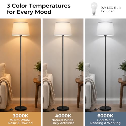 JUNNAI 61.8" Floor Lamp for Living Room, Modern Standing Lamp for Bedroom - color: Black+White Shade