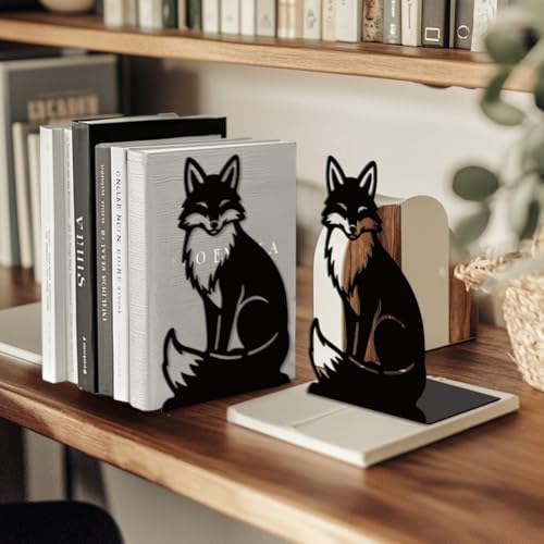 Peacoblue Metal Bookends for Shelves, Modern Decorative Heavy Duty Study Book Ends Stoppers for Office, Desk, Shelf, Room 5.3"x4.3"x7.9" Cast Iron Simple Tall Bookends 1 Pair (Fox) - style: Fox