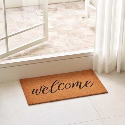 KANKUN Coco Coir Door Mat with Heavy Duty Backing, Welcome Doormat (17" x 30"), Doormat Entrance (Welcome3) - color: Welcome3