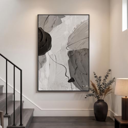 Extra Large Framed Black and White Neutral Abstract Wall Art Vertical 40x60 - color: Black Gray Forms, size: 60"L x 40"W