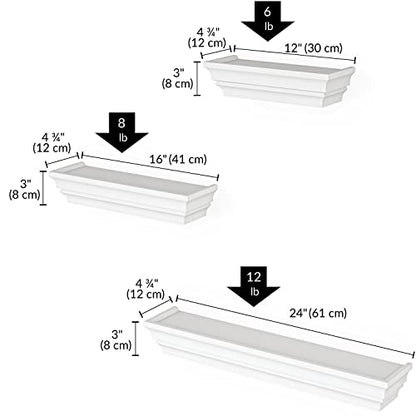 Ballucci Victorian Wall Ledge and Shelf, 12", 16", 24", Set of 3, White