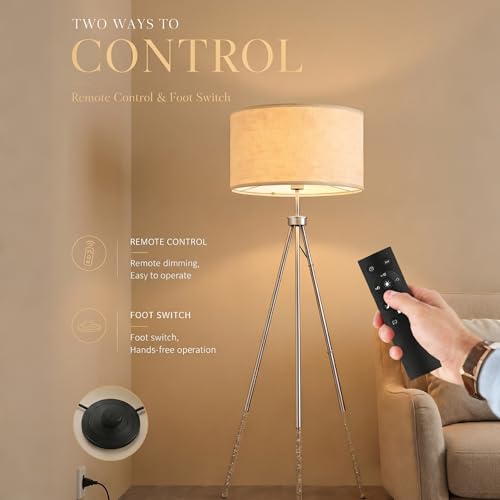 JOOFO Modern Metal Tripod Floor Lamp with Remote, 16.5" Linen Shade - color: Brushed Nickel