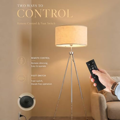 JOOFO Modern Metal Tripod Floor Lamp with Remote, 16.5" Linen Shade - color: Brushed Nickel