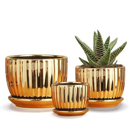 Plant Pots,Ceramic Flower Pots with Drainage Holes & Saucers Set of 3（Gold） - color: Gold