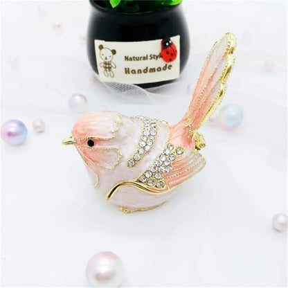 ASkinds Ceramic Bird Trinket Box Statue, Chinese Enameled Bird Figurine Rings Earrings Small Jewelry Storage Box & Pendant for Home Office Desk & Shelf(Pink)
