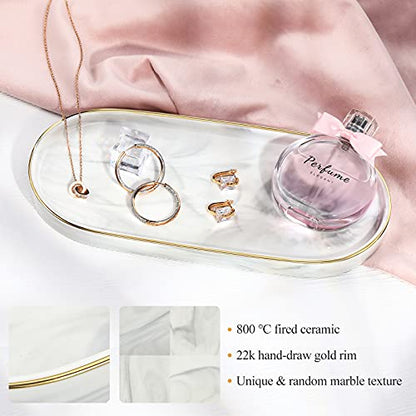 Luxspire 9.8" Bathroom Vanity Tray Marble Ceramic Dresser Jewelry Dish - color: Marble White+gold, style: Small