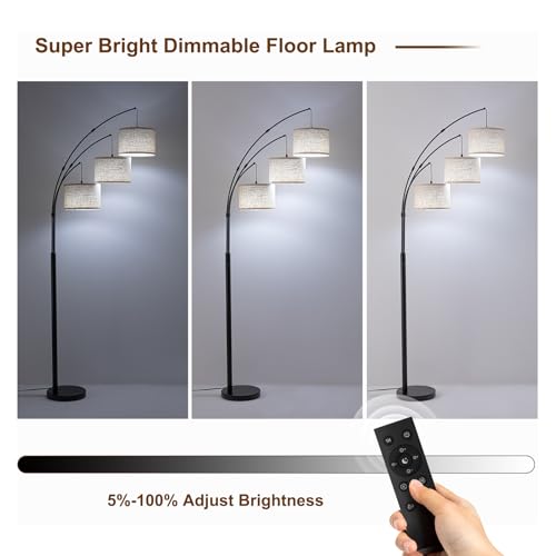 3 Light Arc Floor Lamp with Remote, Beige Shade Black Pole - color: Black-Beige Shade, size: 3