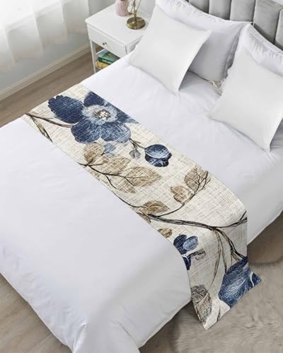 Bed Runner for King Size Bed, Blue Gray Spring Floral Decorative Bed Scarf Throws for Foot of Bed, Vintage Botanical Luxury Bedding Slipcover Bed Runners for Hotel/Home, 94 x 20 Inch - size: 94 x 20 inches(King)