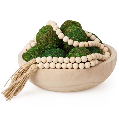SiliFine 14 Pcs Rustic Table Decor Set, Wooden Bowl with Moss Balls, White - color: White