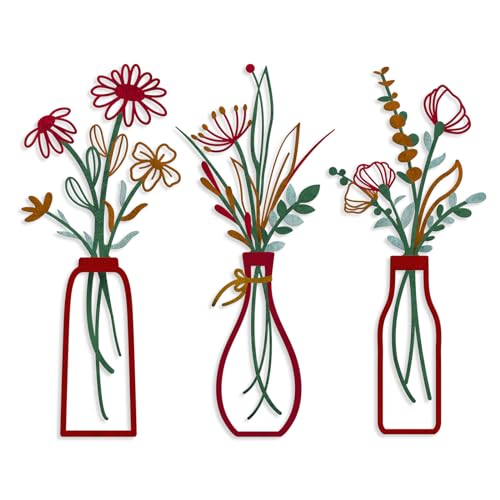 Pigort 3 Pieces Metal Vase Flowers Wall Arts - Rustic Farmhouse Style Décor Metal Wall Art Black Minimalist Flower Natural Themed Wall Decors for Home Bedroom Dining Room Housewarming (Red, Vase-C) - color: Red