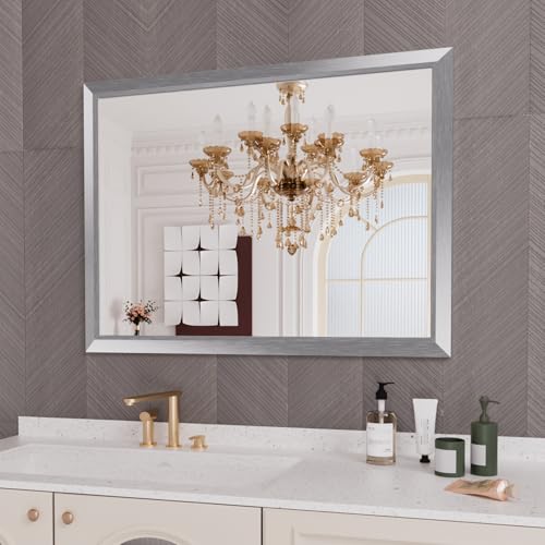 Amorho Bathroom Mirror for Wall 48x36 Inch, Brushed Silver Metal Framed - color: Silver, size: 48"L x 36"W
