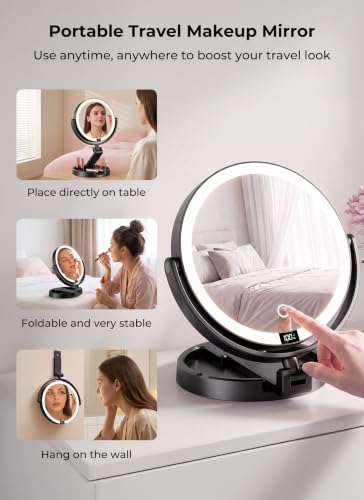 Lighted Travel Makeup Mirror,1X/10X Magnification,3 Light Modes,Black - color: Black