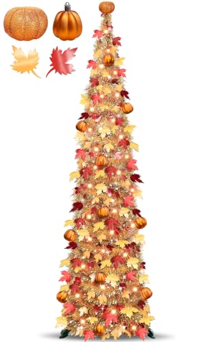 5 FT Fall Tree Fall Decor, Tinsel Maples Tree with 50 Warm White Lights