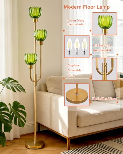 Modern Glass Floor Lamp 66IN 3-Light Green Glass Gold Dimmable Floor Lamps - color: Green Lotus-Gold