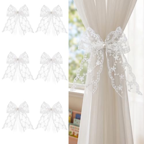 White Lace Bow Curtain Tiebacks 6-Pack, Vine Floral Curtain Holdbacks - color: White Vine Floral