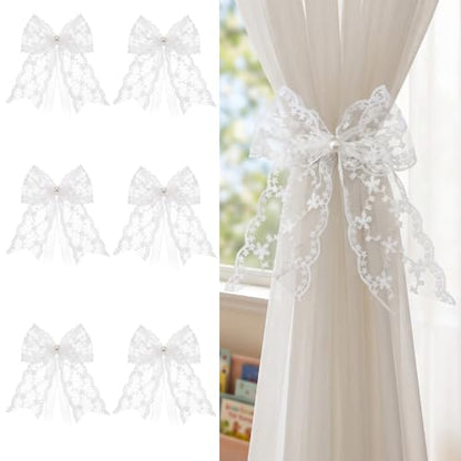 White Lace Bow Curtain Tiebacks 6-Pack, Vine Floral Curtain Holdbacks - color: White Vine Floral
