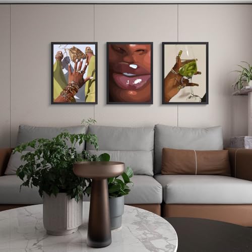Hianan Wood Framed Fashion Black Woman Wall Art Set of 3, 12x16 in - color: Yellow-Green(Wood), size: 16"L x 12"W