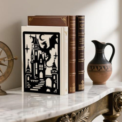 Peacoblue 5.3"x4.3"x7.9" Metal Bookends, Heavy Duty Book Ends for Shelves - style: Dragon and Castle