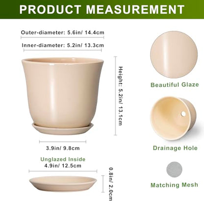 Ceramic Pots for Plants, 5.6 Inch Plant Pot with Drainage, Beige - color: Beige, size: 6 Inch