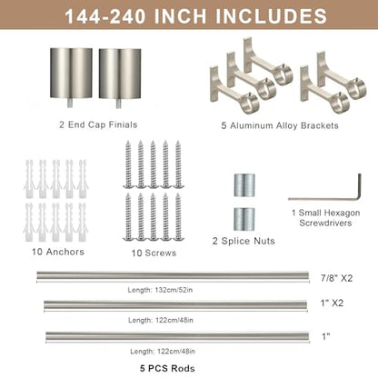 Heavy Duty Curtain Rods Extra Long 144 to 240 Inch, Single Drapery Rods with Cap Finials, 1-Inch Window Treatment Curtain Rod Telescoping, Brushed Nickel - color: Brushed Nickel, size: 144-240"