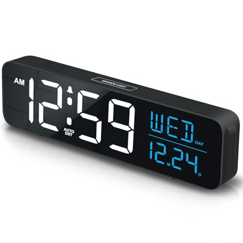 Peakeep Large Display Digital Alarm Clock for Bedroom with Date Day of Week - color: White and Blue